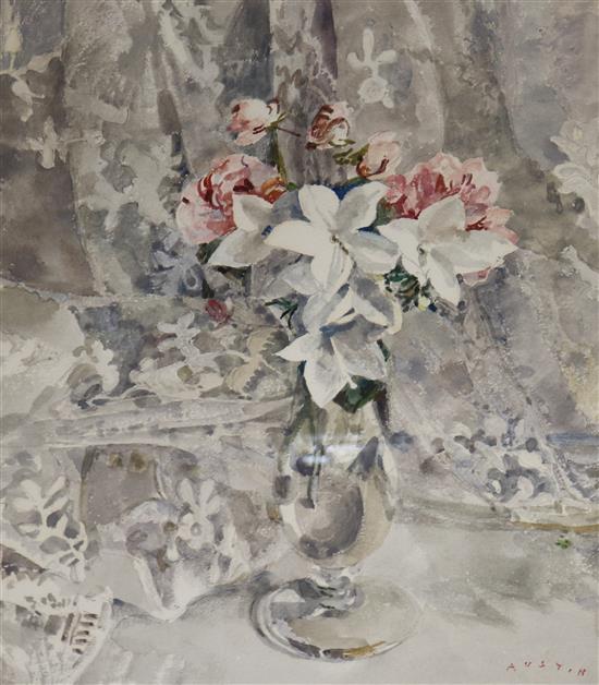 Robert Austin, watercolour, Still life of flowers in a glass vase, signed 24 x 21cm
